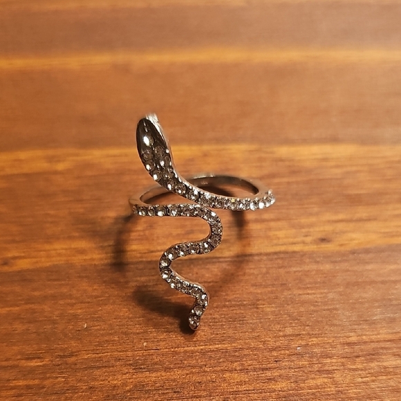 None Jewelry - Silver Snake Ring with Crystals